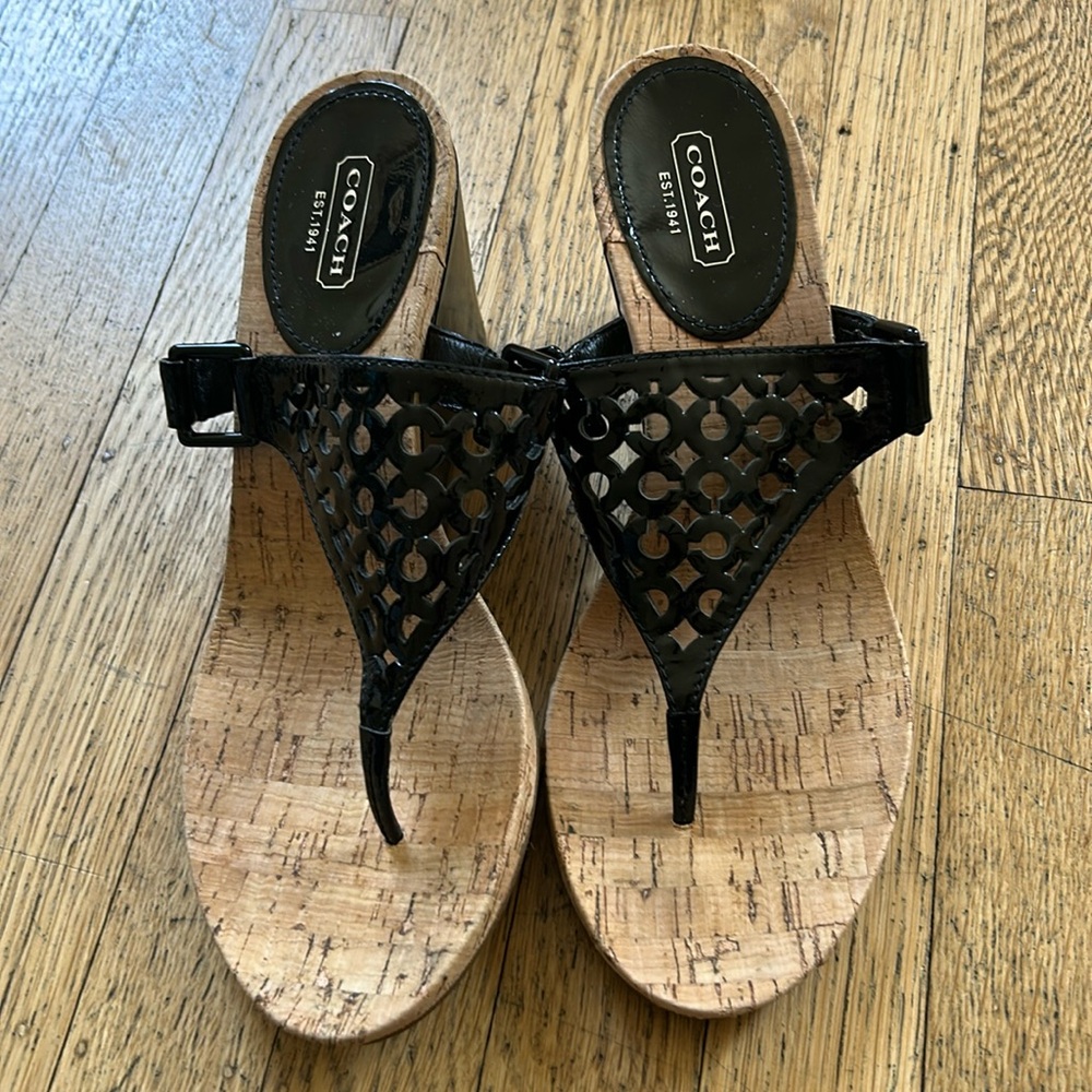 Coach Sandals Black Patent Leather Wedge